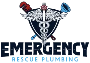 Logo for Emergency Rescue Plumbing, featuring a shield with a caduceus made of a rope. A red wrench and plunger cross behind the shield. The words EMERGENCY RESCUE PLUMBING are displayed below.