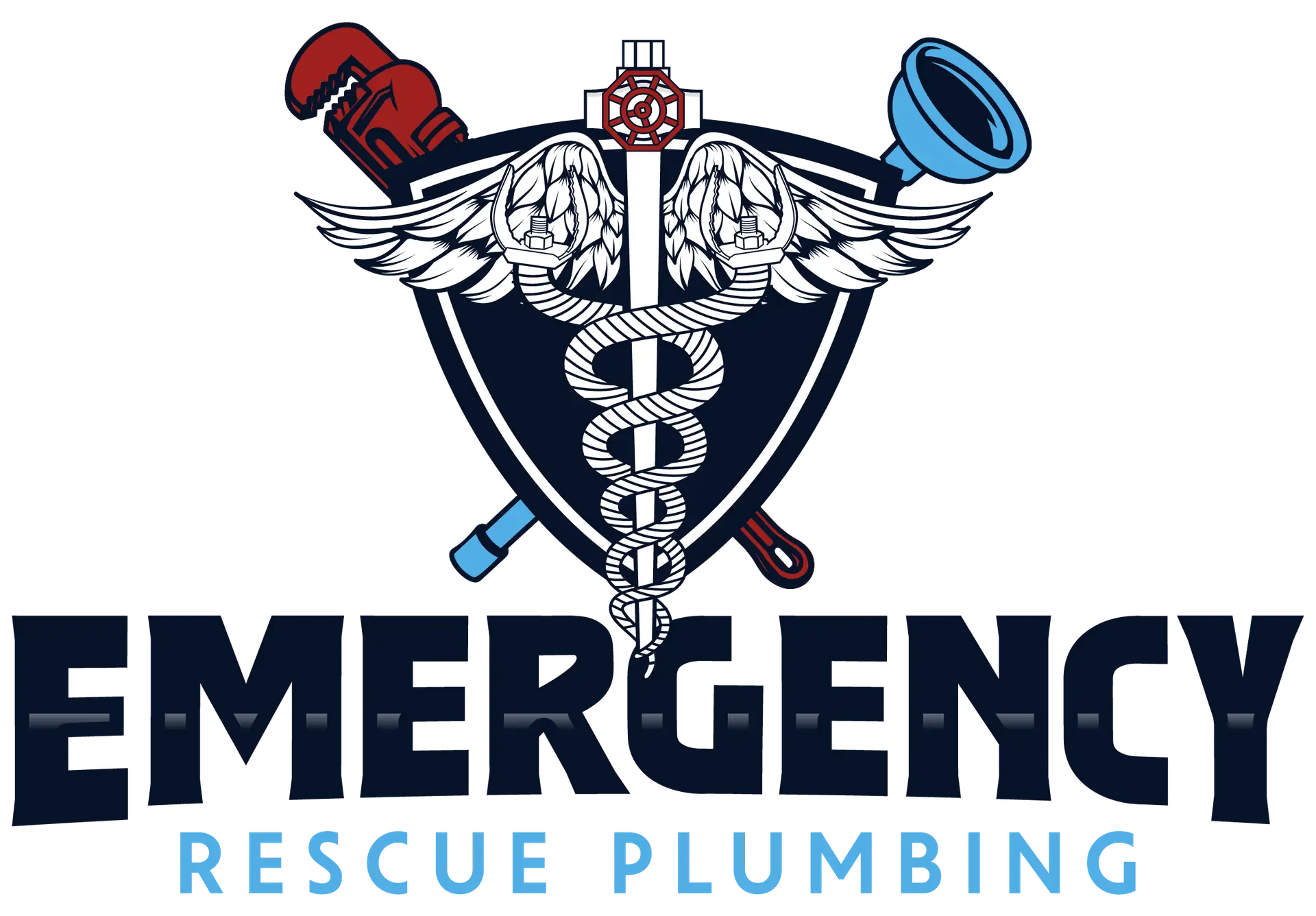 Logo for Emergency Rescue Plumbing, featuring a shield with a caduceus made of a rope. A red wrench and plunger cross behind the shield. The words EMERGENCY RESCUE PLUMBING are displayed below.